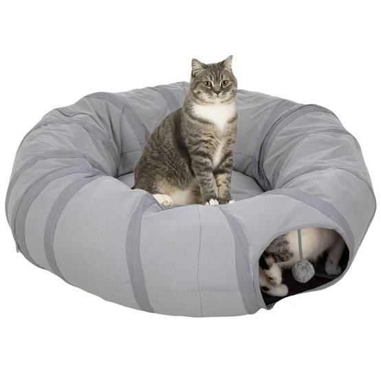 Tunnel pour chat intérieur rond tunnel avec lit et coussin, pliable, avec trous pour balles et judas, Ø 90 x 27 cm gris - Image 1