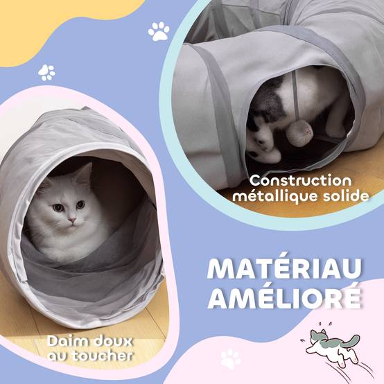 Tunnel pour chat intérieur rond tunnel avec lit et coussin, pliable, avec trous pour balles et judas, Ø 90 x 27 cm gris - Image 8