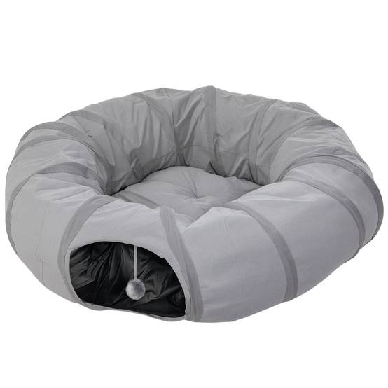 Tunnel pour chat intérieur rond tunnel avec lit et coussin, pliable, avec trous pour balles et judas, Ø 90 x 27 cm gris - Image 2