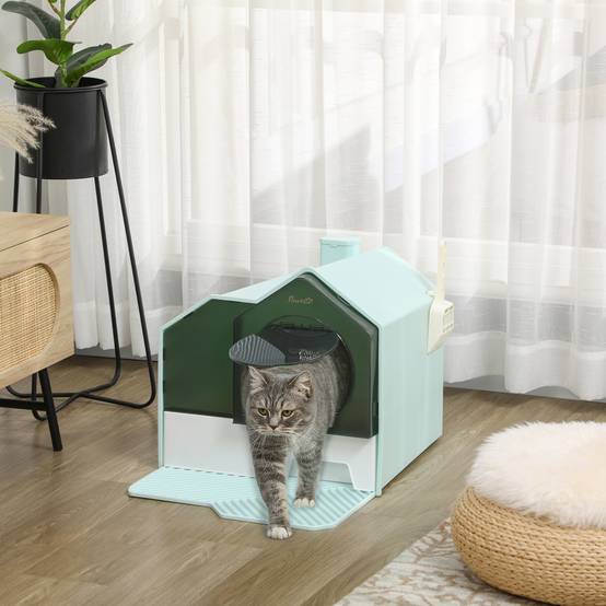 Bac à litière pour chat, design cabine, 1 tapis filtrant, 1 pelle à litière, bac de base amovible, vert et blanc - Image 4