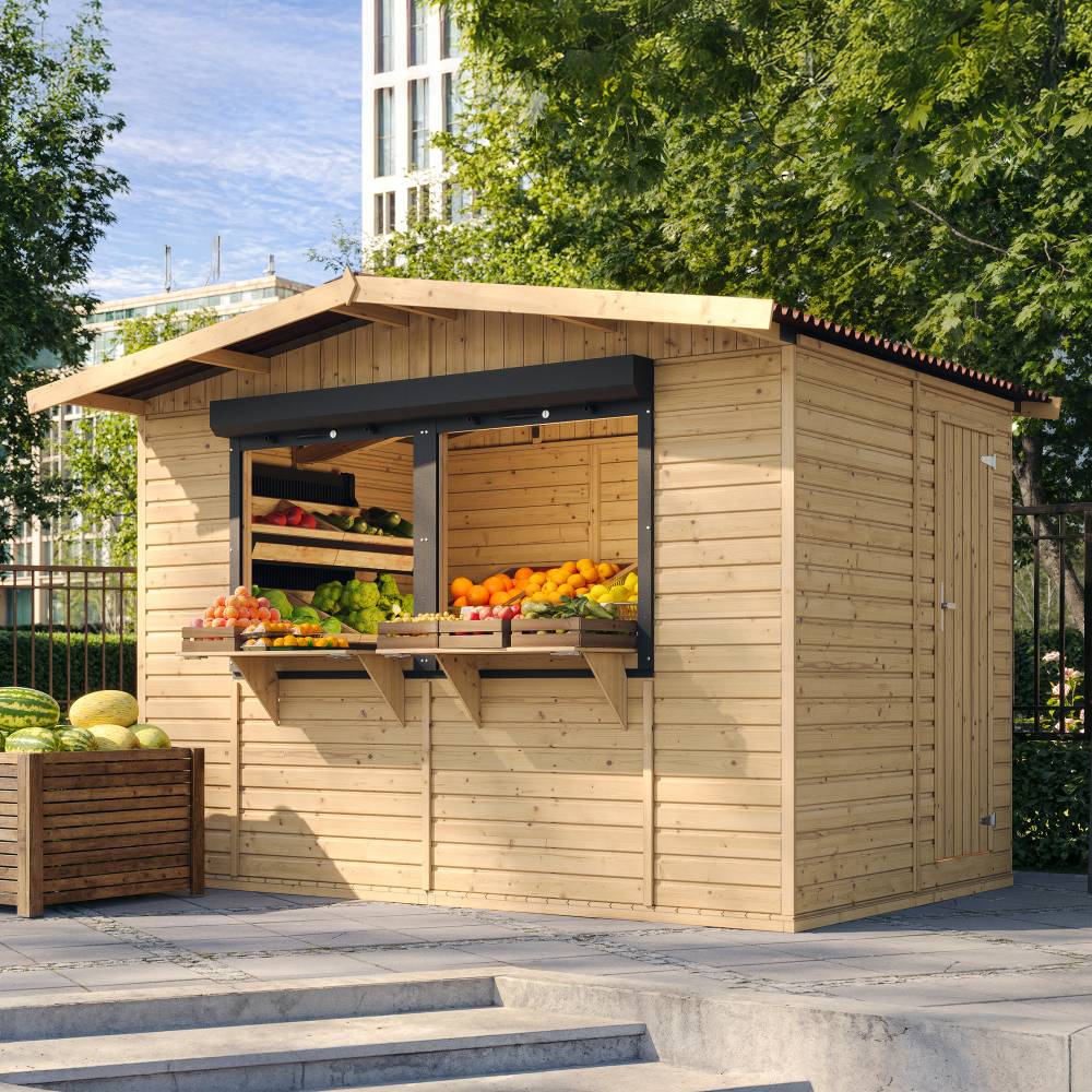 Timbela - Maison de jardin en bois 263 x 336 cm / 6 m² - Étal de marché en bois avec comptoir - Bar jardin - 17 mm d’épaisseur - Timbela M150Z - Image 1