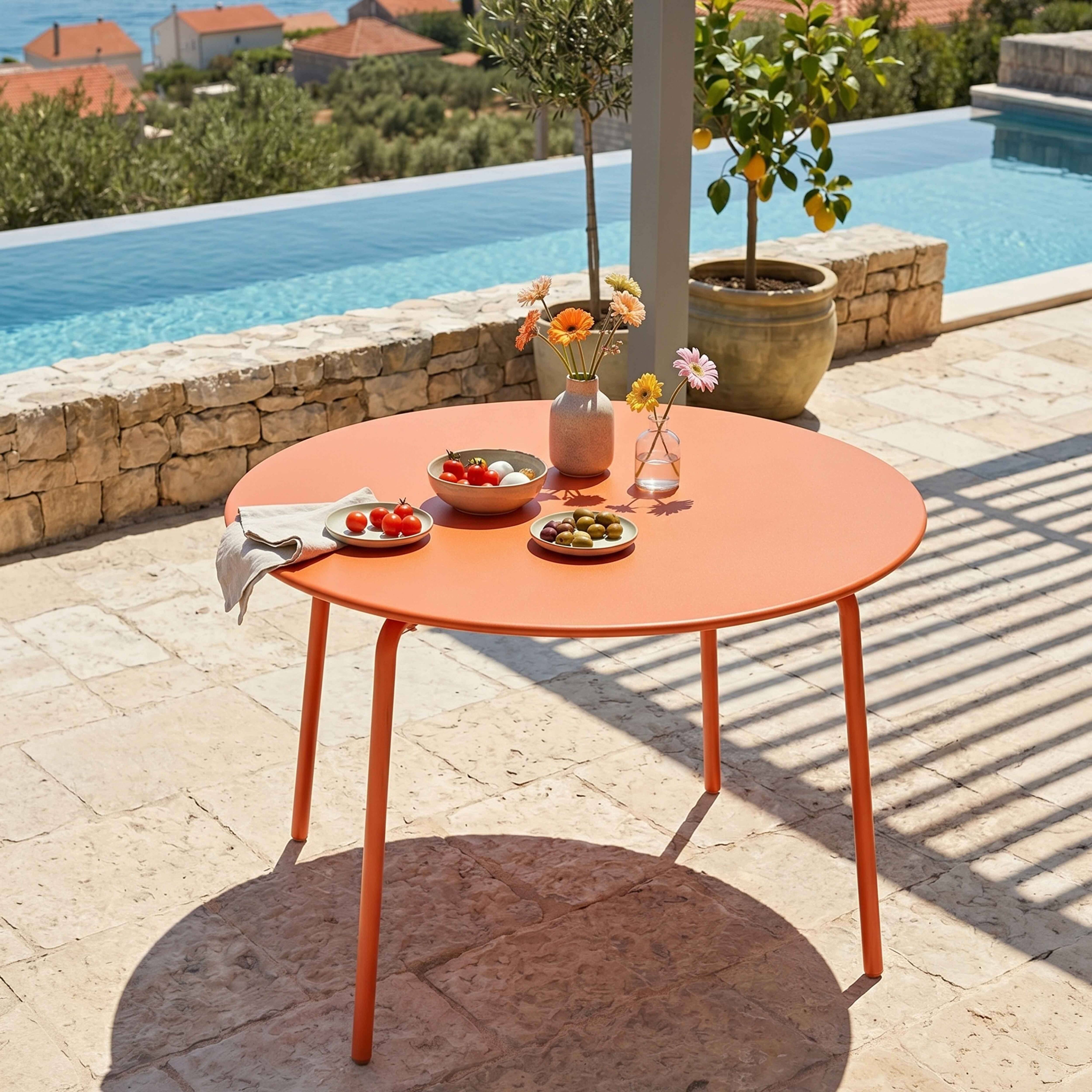 Oviala - Ensemble table de jardin ronde et 6 fauteuils acier orange Palavas - Oviala - Imagen 3