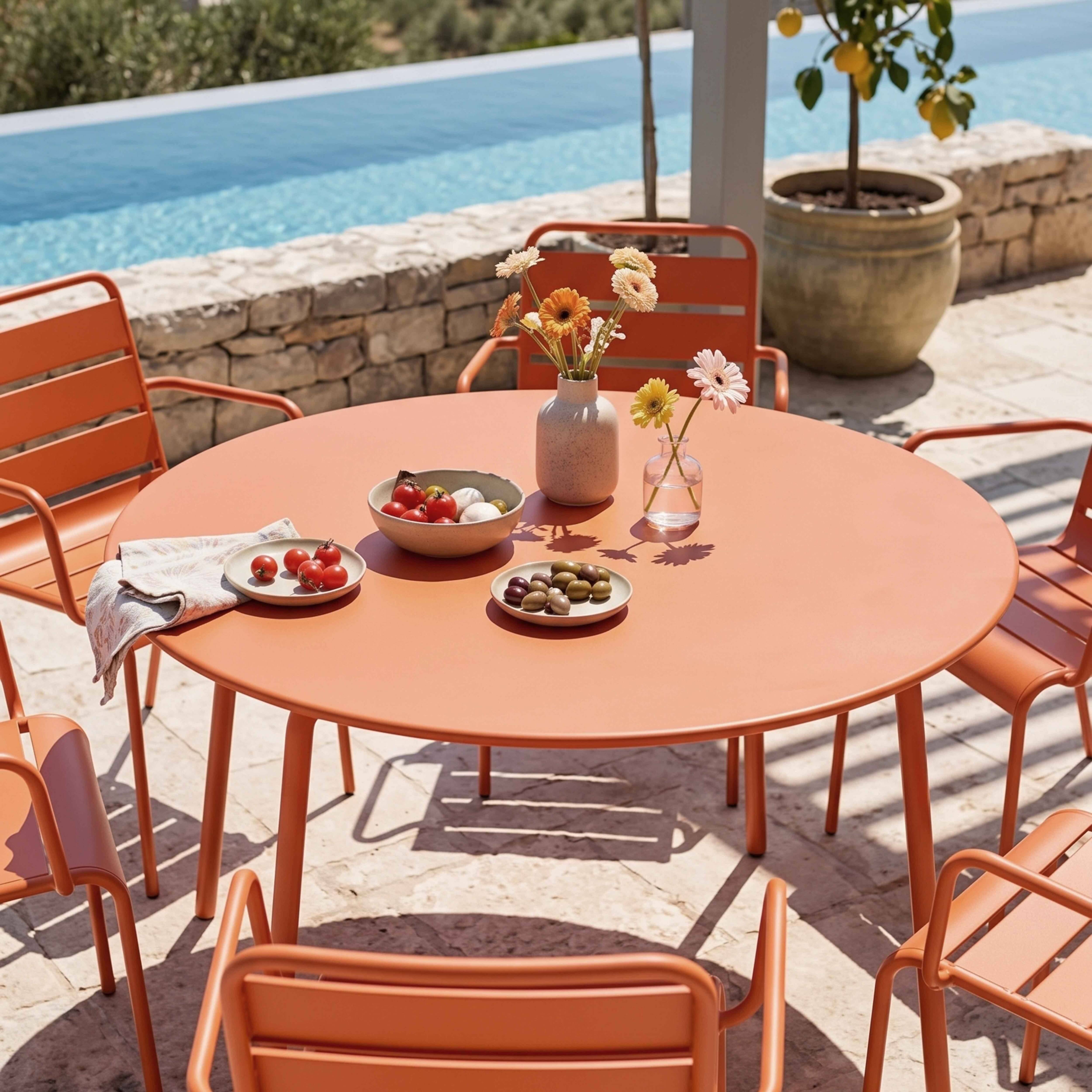 Oviala - Ensemble table de jardin ronde et 6 fauteuils acier orange Palavas - Oviala - Imagen 4