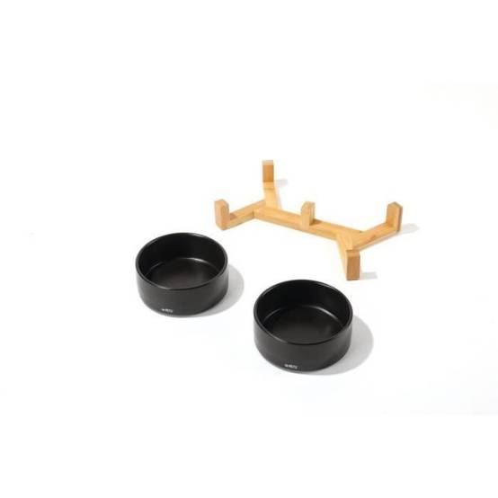 Bols céramique avec support en bambou 2x350 ml - Mpets - OPERA - Noir - Image 2