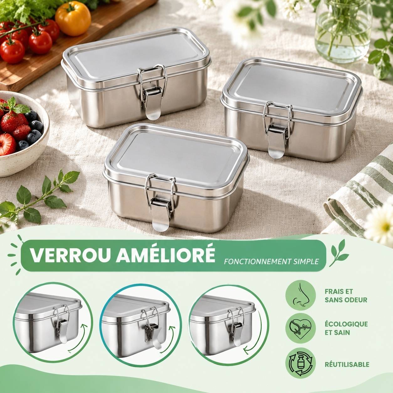 Lot de 3 Boîtes Alimentaires Acier Inoxydable Avec Couvercles Hermétiques - Image 4