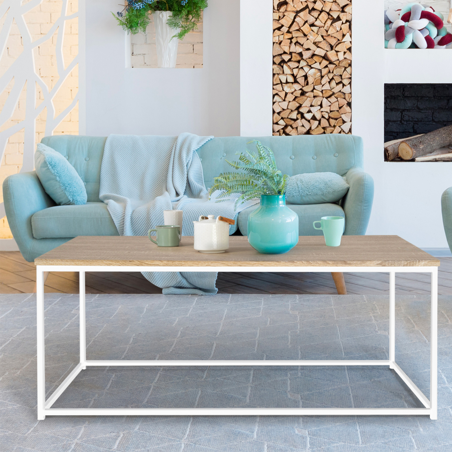 Table basse rectangulaire DETROIT 113 cm design industriel bois et métal blanc - Image 1