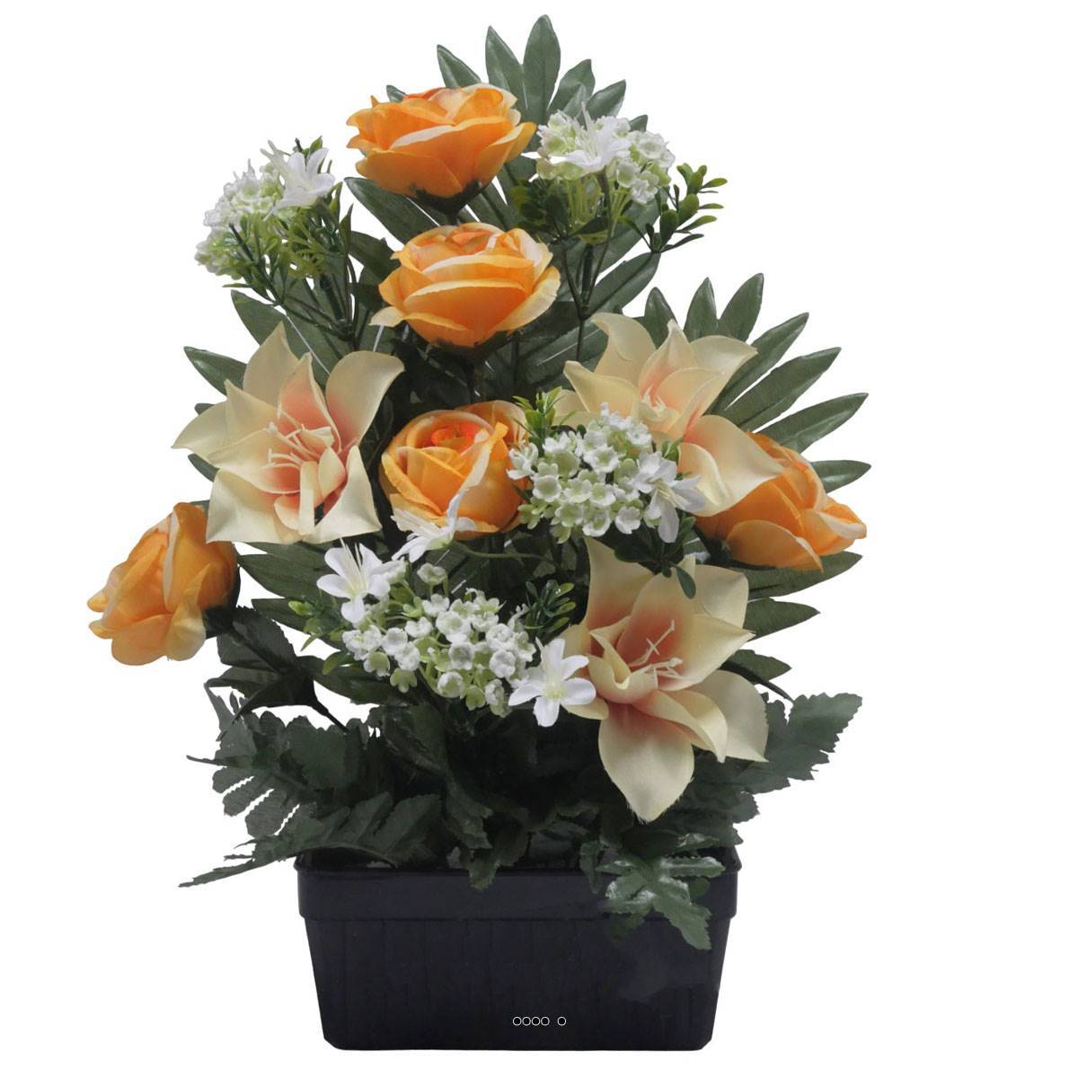 Artificielles - Jardinière fleurs artificielles Rose, Gardenia et mini fleurs Orange pour la Toussaint - couleur: Orange 660 - Imagen 2