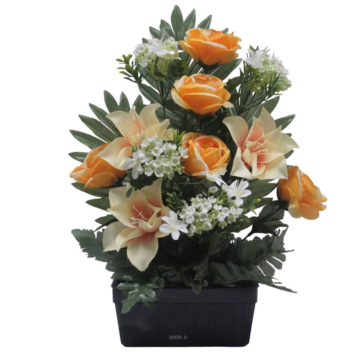 Artificielles - Jardinière fleurs artificielles Rose, Gardenia et mini fleurs Orange pour la Toussaint - couleur: Orange 660 - Imagen 1