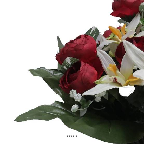 Jardinière fleurs artificielles cimetière renoncules et orchidées H 30 cm L 40 cm Bourgogne - couleur: Bourgogne - Image 3