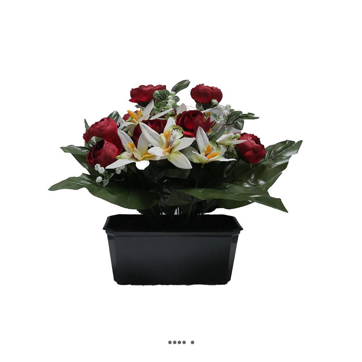 Jardinière fleurs artificielles cimetière renoncules et orchidées H 30 cm L 40 cm Bourgogne - couleur: Bourgogne - Image 2