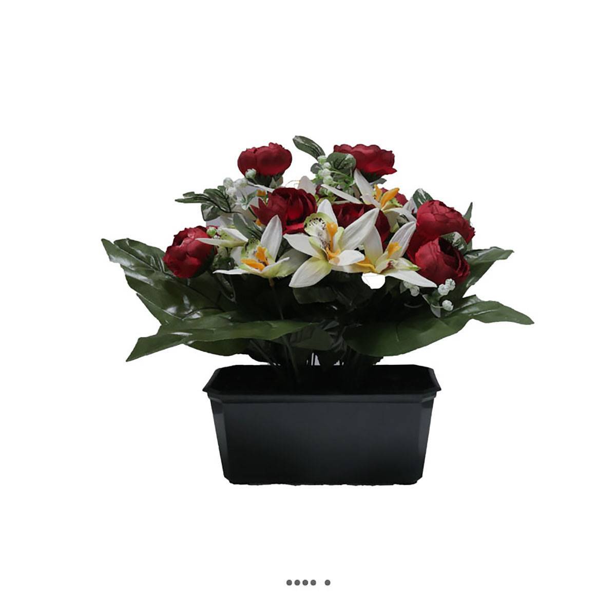 Jardinière fleurs artificielles cimetière renoncules et orchidées H 30 cm L 40 cm Bourgogne - couleur: Bourgogne - Image 1