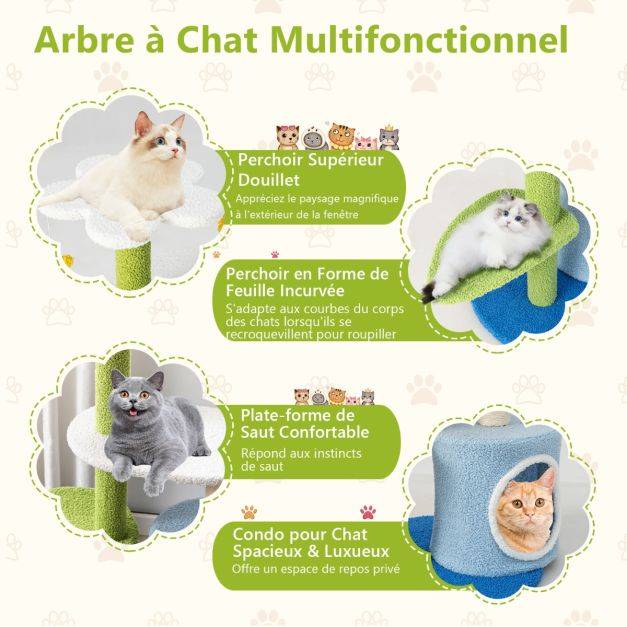 Helloshop26 - Arbre à chat en forme de fleur 87 cm avec niche et griffoirs en sisal naturel tour à chat 5 niveaux avec boules de peluche - Imagen 3