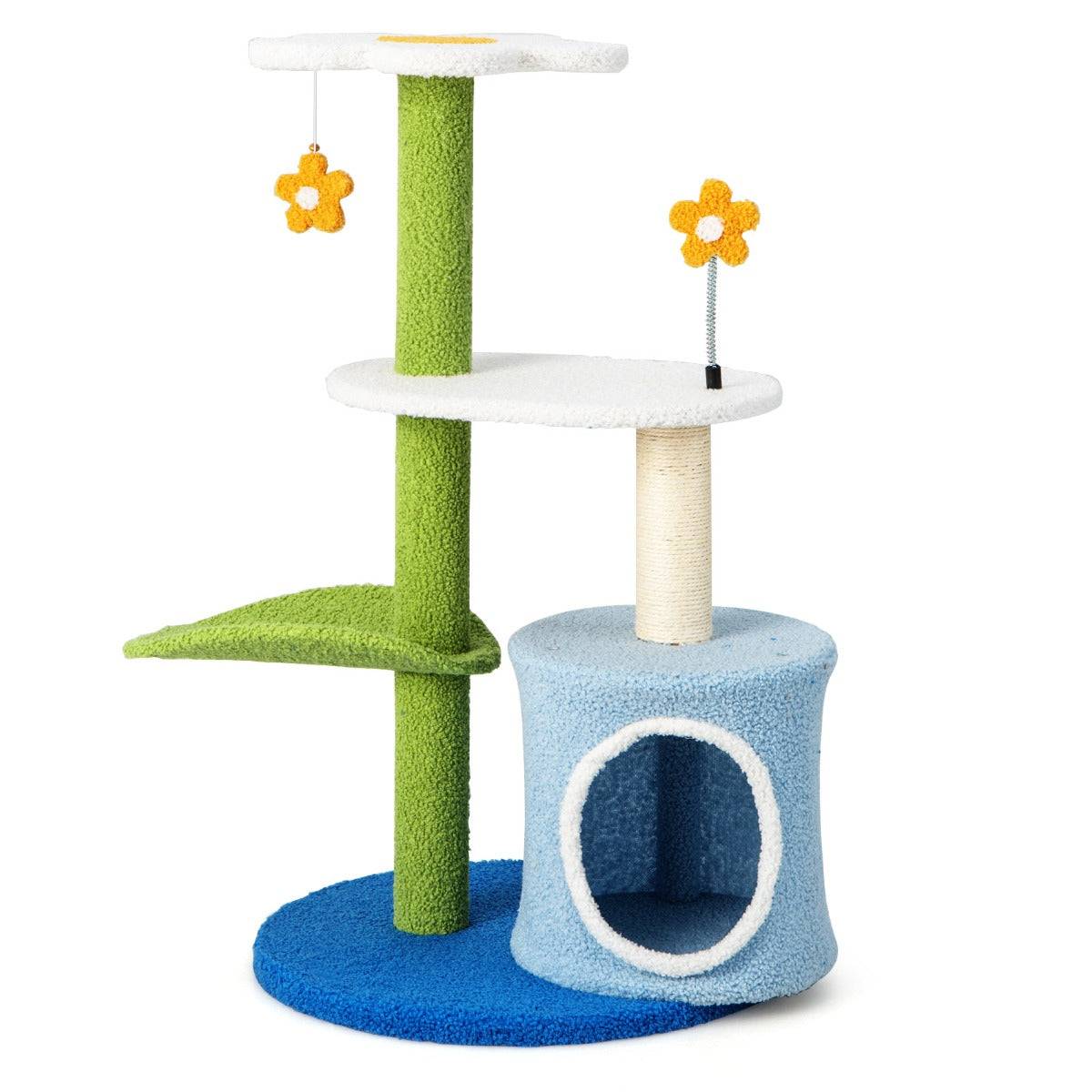 Helloshop26 - Arbre à chat en forme de fleur 87 cm avec niche et griffoirs en sisal naturel tour à chat 5 niveaux avec boules de peluche - Imagen 1