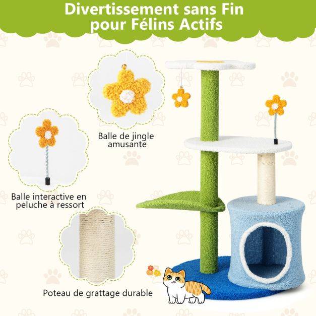 Helloshop26 - Arbre à chat en forme de fleur 87 cm avec niche et griffoirs en sisal naturel tour à chat 5 niveaux avec boules de peluche - Imagen 4