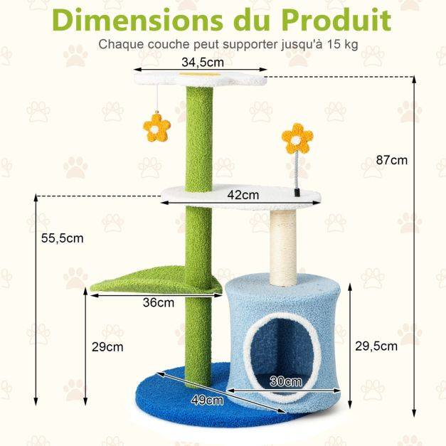 Helloshop26 - Arbre à chat en forme de fleur 87 cm avec niche et griffoirs en sisal naturel tour à chat 5 niveaux avec boules de peluche - Imagen 6