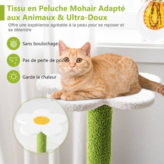 Helloshop26 - Arbre à chat en forme de fleur 87 cm avec niche et griffoirs en sisal naturel tour à chat 5 niveaux avec boules de peluche - Imagen 5
