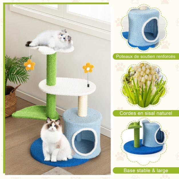 Helloshop26 - Arbre à chat en forme de fleur 87 cm avec niche et griffoirs en sisal naturel tour à chat 5 niveaux avec boules de peluche - Imagen 2