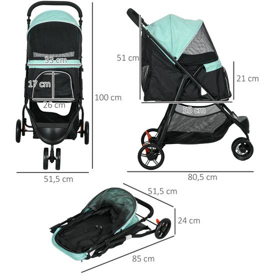 Poussette pour petit chien avec panier de rangement, protection pluie et fenêtre en filet, 80,5 x 51,5 x 100 cm, verte - Image 5