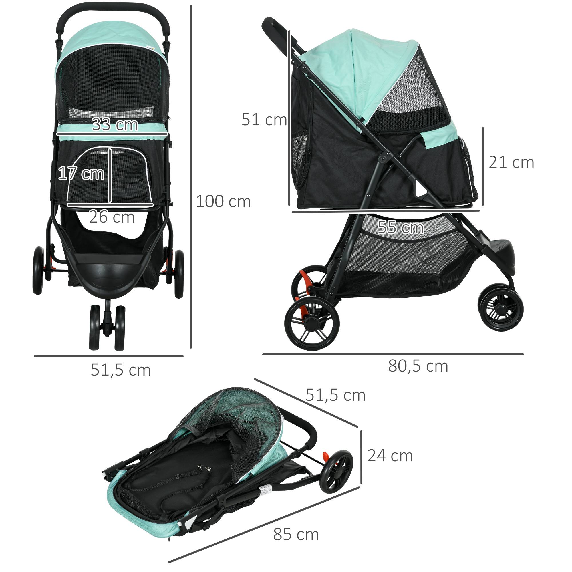 Poussette pour petit chien avec panier de rangement, protection pluie et fenêtre en filet, 80,5 x 51,5 x 100 cm, verte - Image 5