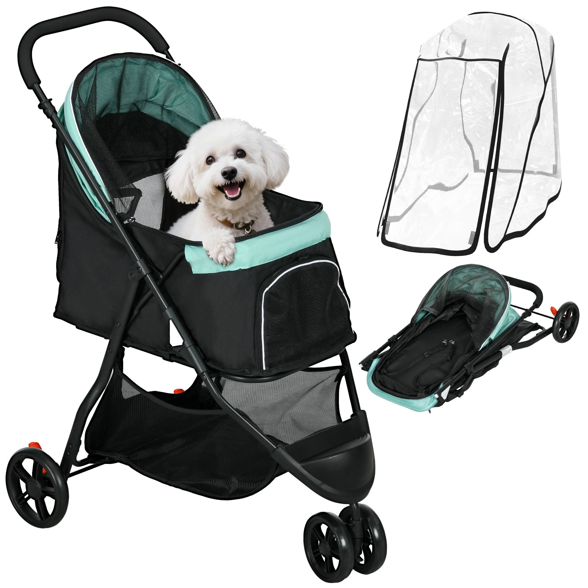 Poussette pour petit chien avec panier de rangement, protection pluie et fenêtre en filet, 80,5 x 51,5 x 100 cm, verte - Image 1