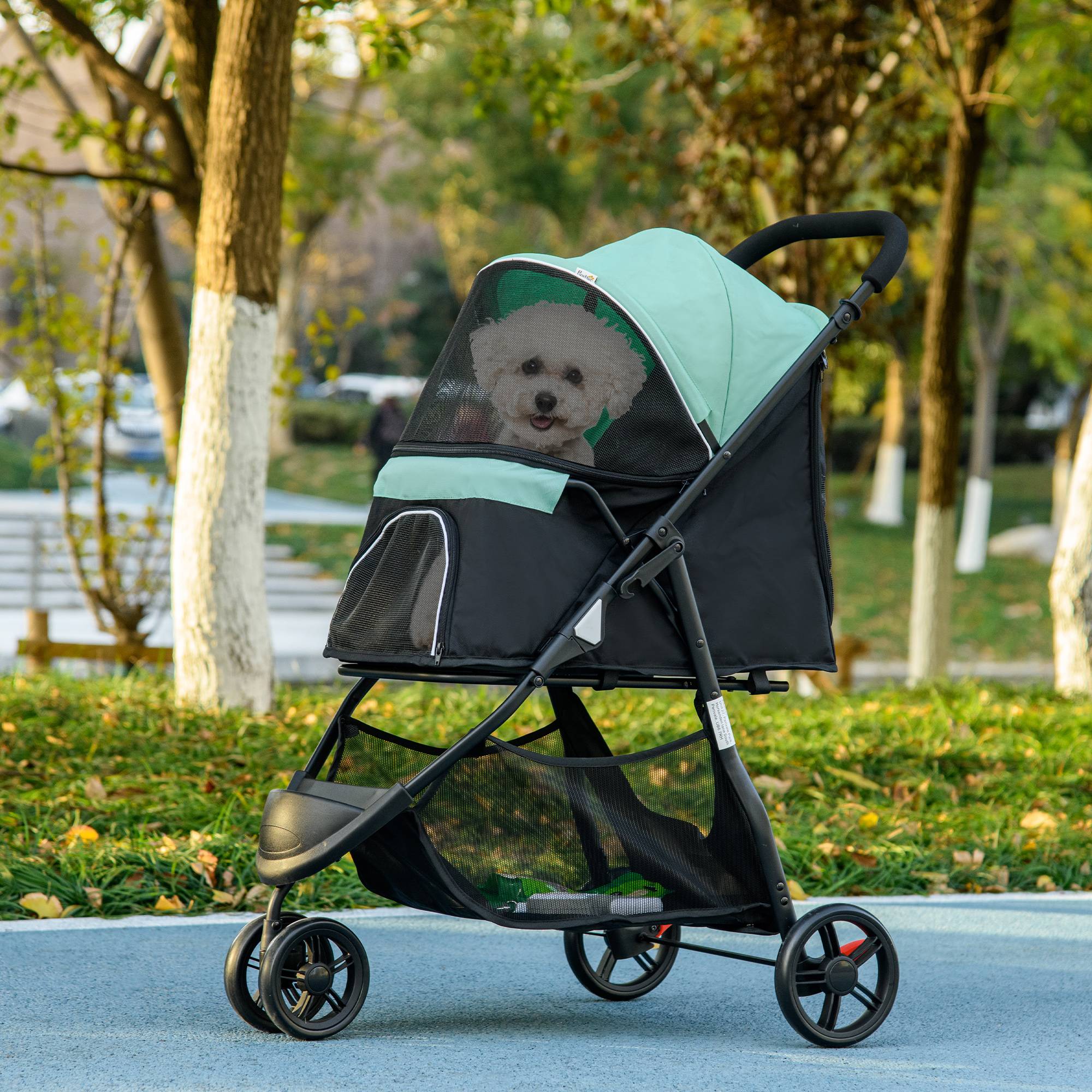 Poussette pour petit chien avec panier de rangement, protection pluie et fenêtre en filet, 80,5 x 51,5 x 100 cm, verte - Image 4