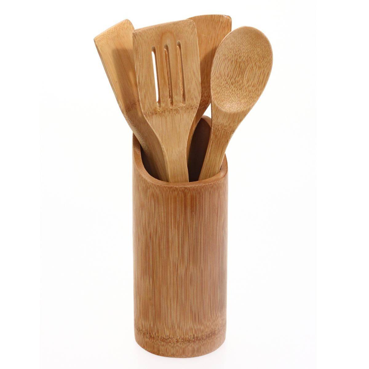 Lot de 4 Ustensiles & Pot de Cuisine "Bambou" Naturel - Image 1