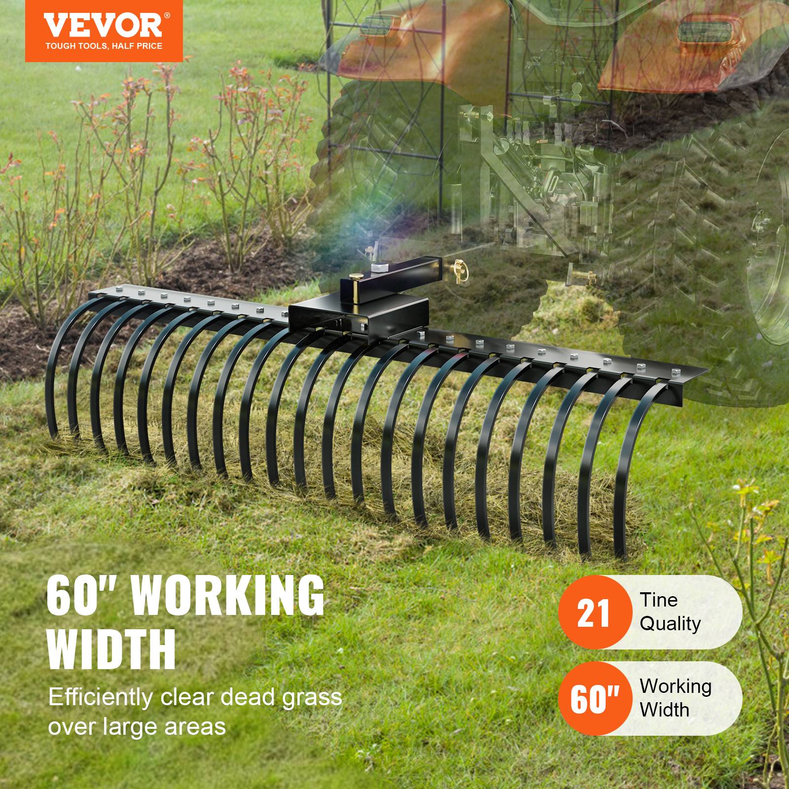 VEVOR Rateau paysager remorque, 1524 mm, 21 dents acier. Pour tracteur, feuilles, aiguilles pin. - Image 2