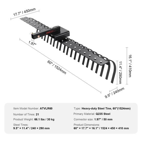 VEVOR Rateau paysager remorque, 1524 mm, 21 dents acier. Pour tracteur, feuilles, aiguilles pin. - Image 7