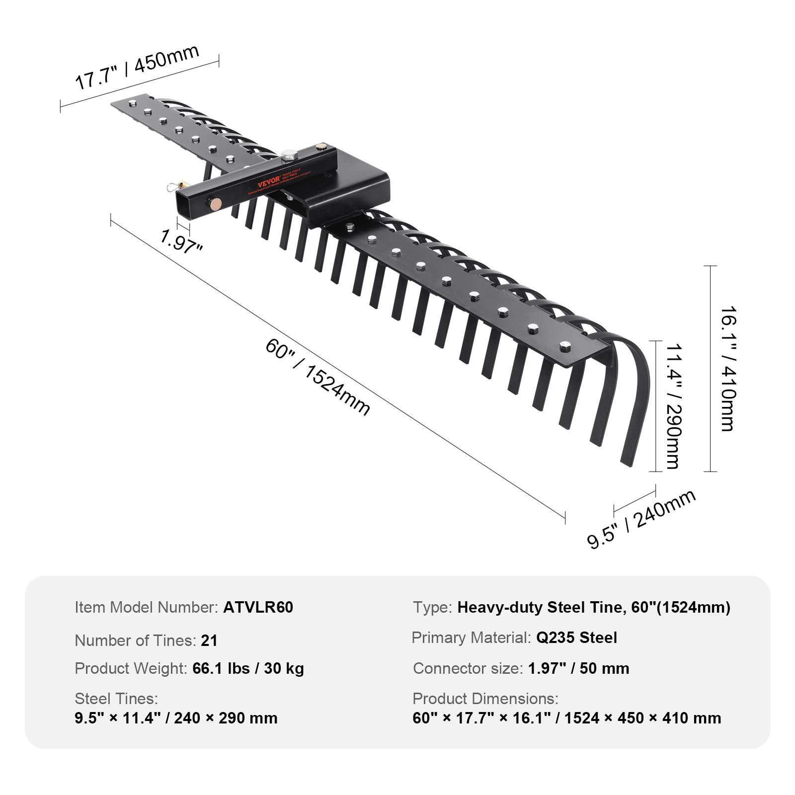 VEVOR Rateau paysager remorque, 1524 mm, 21 dents acier. Pour tracteur, feuilles, aiguilles pin. - Image 7