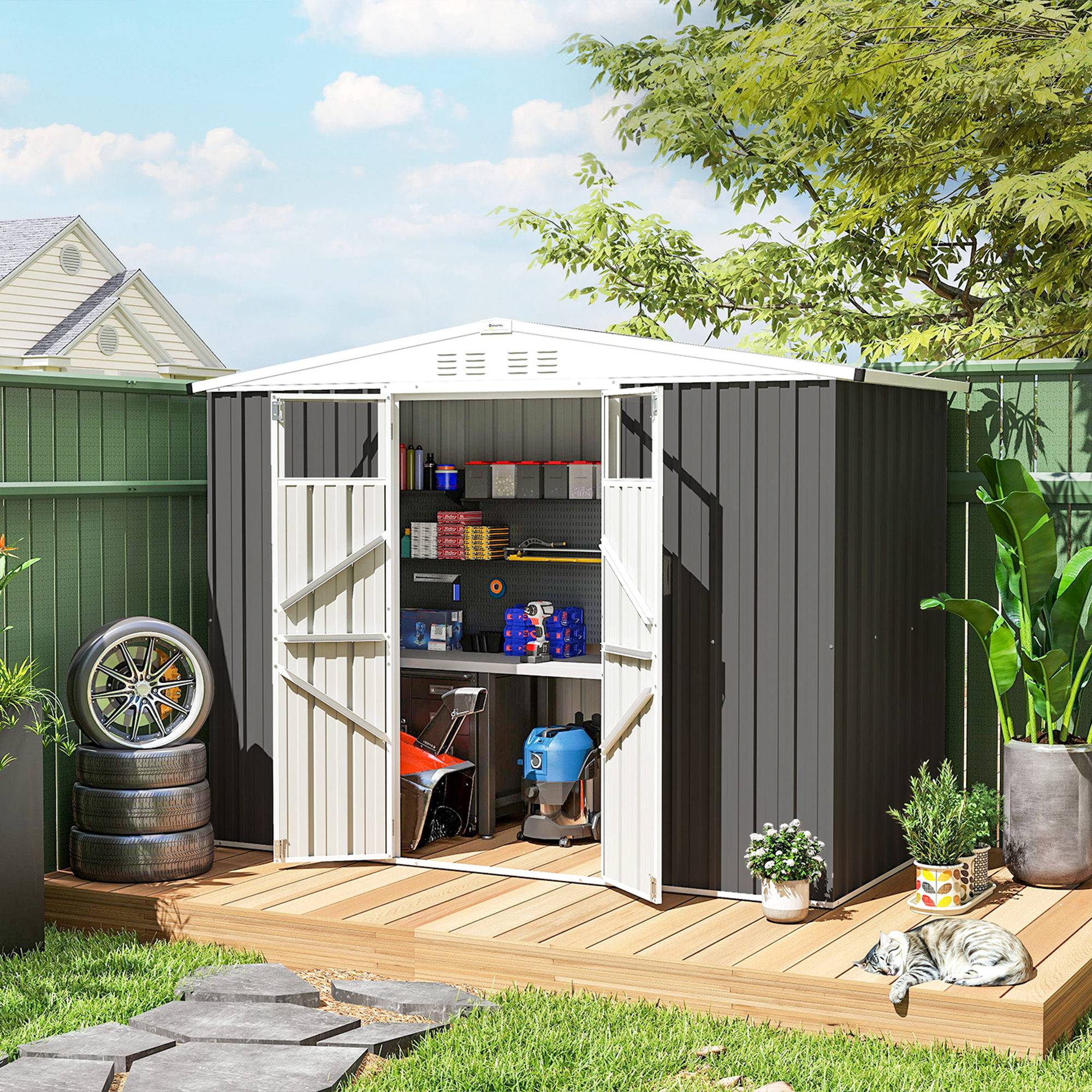 Remise de jardin acier galvanisé extérieur rangement sécurisé 246x117cm gris foncé - ComfortXL Outdoor Living - Image 4