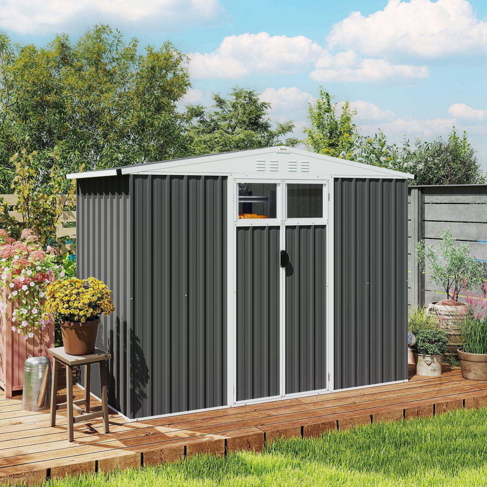 Remise de jardin acier galvanisé extérieur rangement sécurisé 246x117cm gris foncé - ComfortXL Outdoor Living - Image 10