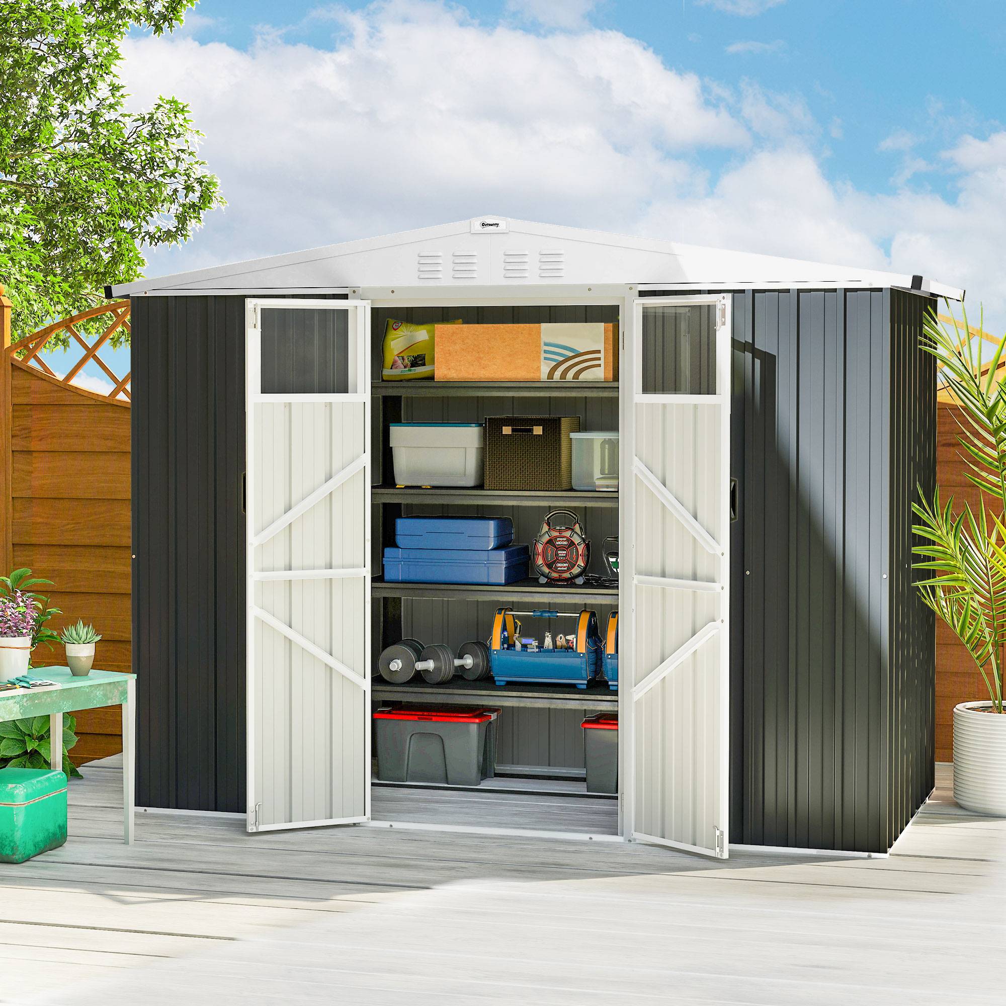 Remise de jardin acier galvanisé extérieur rangement sécurisé 246x117cm gris foncé - ComfortXL Outdoor Living - Image 3