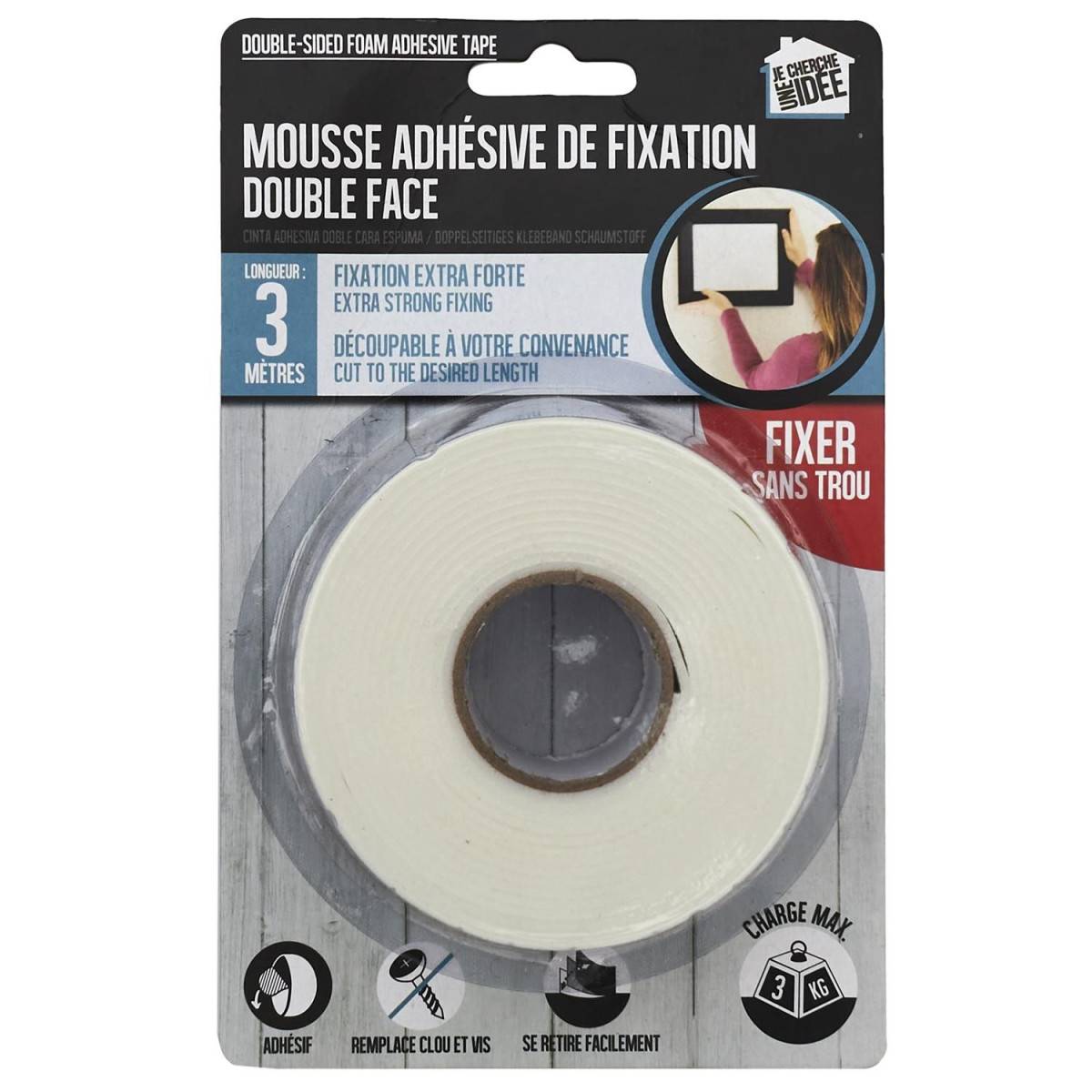 Rouleau Adhésif Double Face "Mousse" 3m Blanc - Image 1