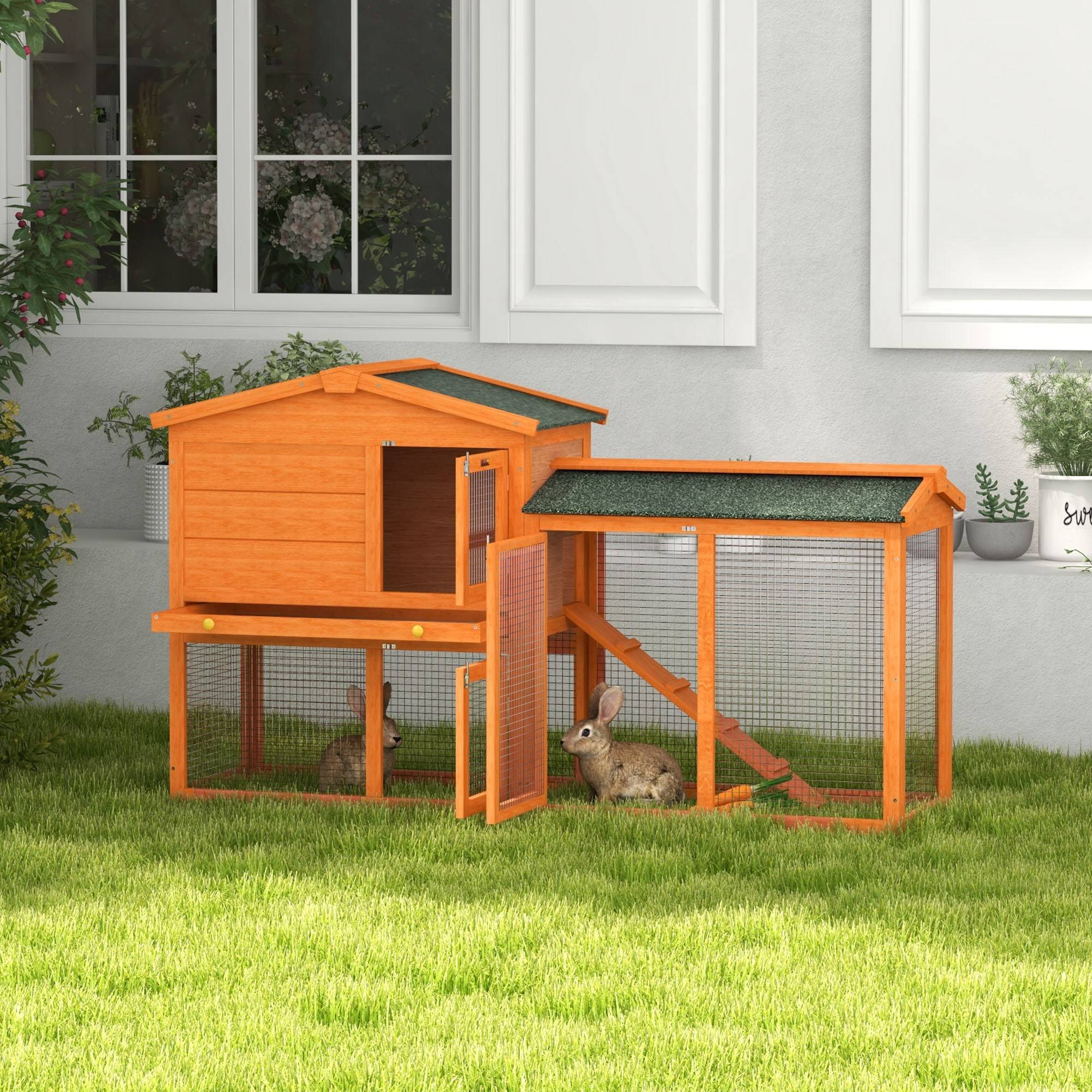 Clapier extérieur pour lapins 150 x 45 x 85 cm, en bois massif, enclos, résistant aux intempéries, orange - Image 4