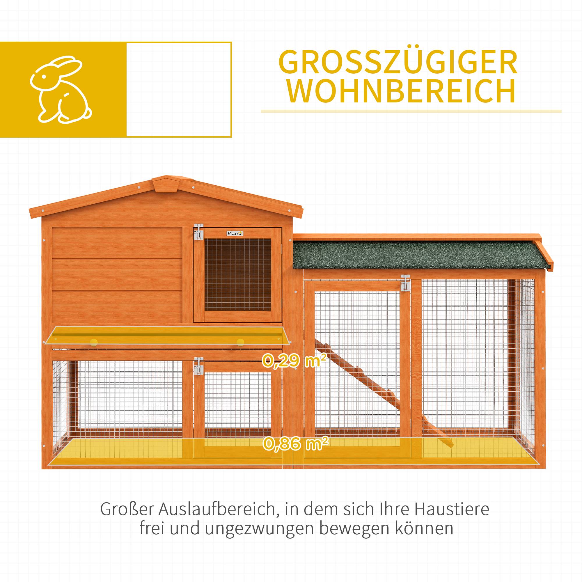 Clapier extérieur pour lapins 150 x 45 x 85 cm, en bois massif, enclos, résistant aux intempéries, orange - Image 6