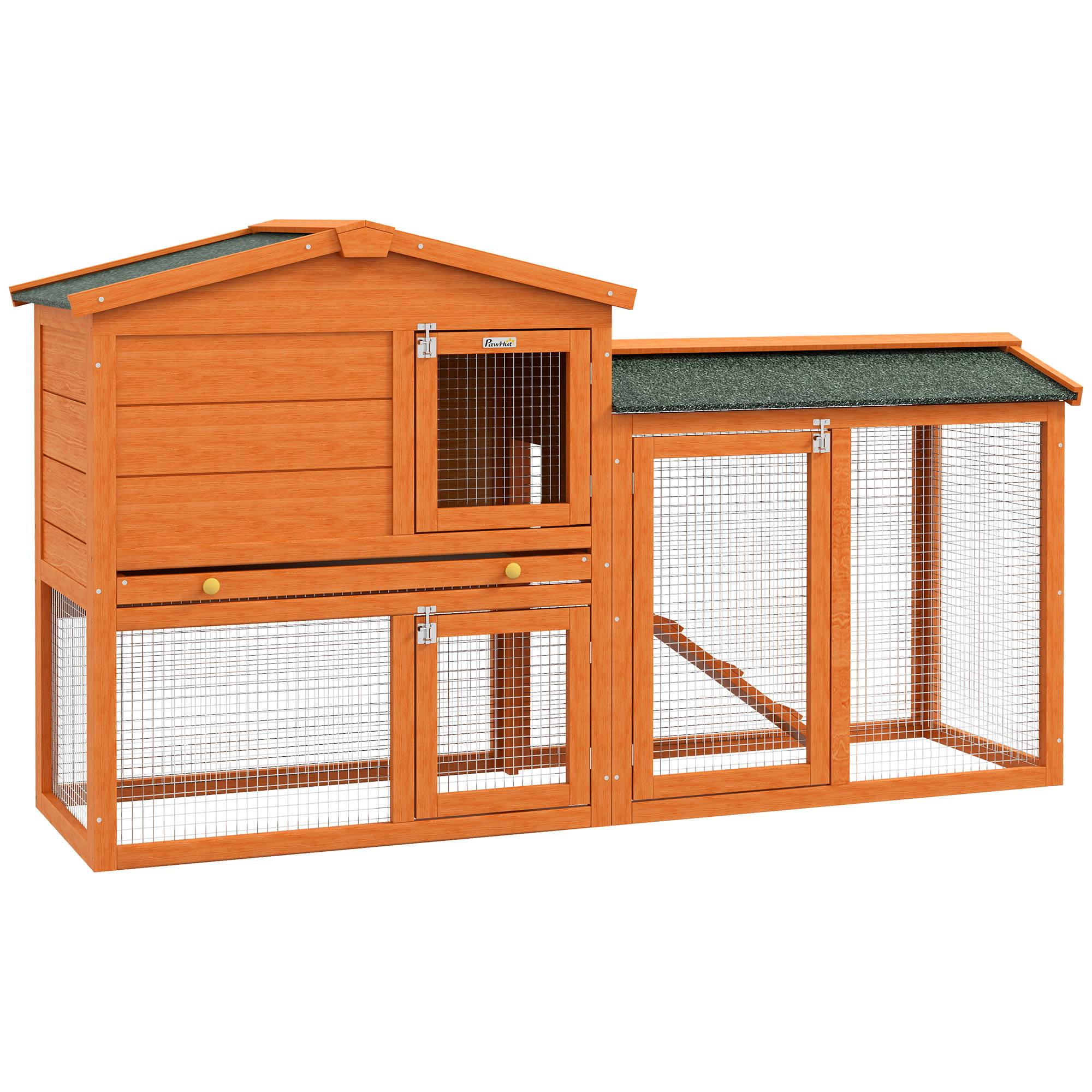 Clapier extérieur pour lapins 150 x 45 x 85 cm, en bois massif, enclos, résistant aux intempéries, orange - Image 1