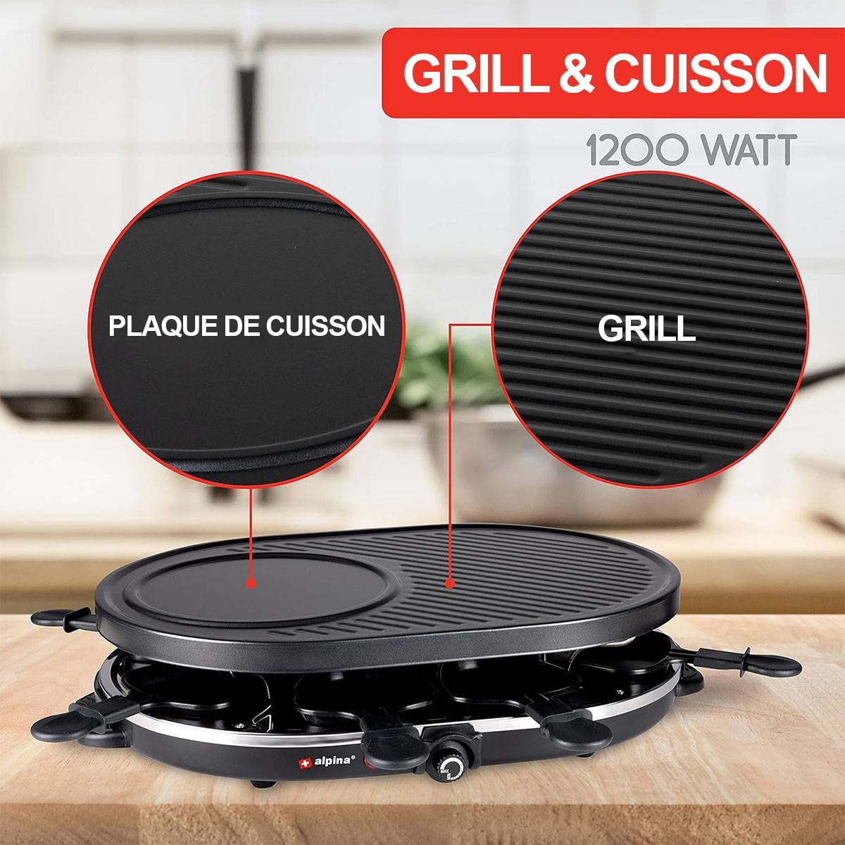 Alpina - Appareil à raclette 8 personnes 1200W Polyvalent Grill + Raclette Revêtement Anti-adhésif Poelons et spatules 230V ALPINA - Imagen 4