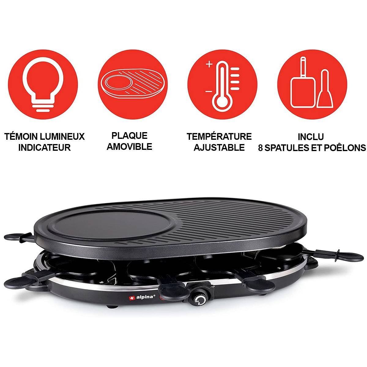 Alpina - Appareil à raclette 8 personnes 1200W Polyvalent Grill + Raclette Revêtement Anti-adhésif Poelons et spatules 230V ALPINA - Imagen 2