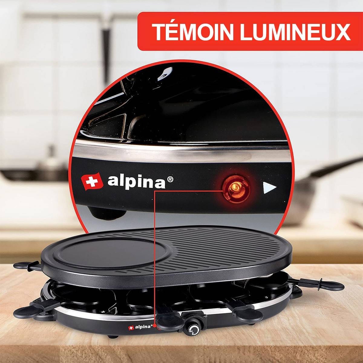 Alpina - Appareil à raclette 8 personnes 1200W Polyvalent Grill + Raclette Revêtement Anti-adhésif Poelons et spatules 230V ALPINA - Imagen 6
