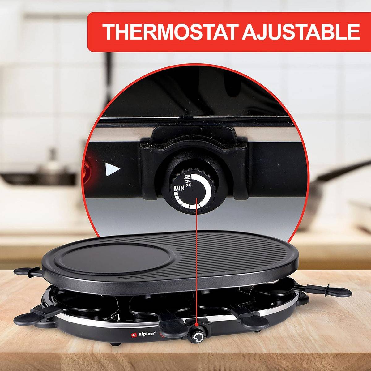 Alpina - Appareil à raclette 8 personnes 1200W Polyvalent Grill + Raclette Revêtement Anti-adhésif Poelons et spatules 230V ALPINA - Imagen 5