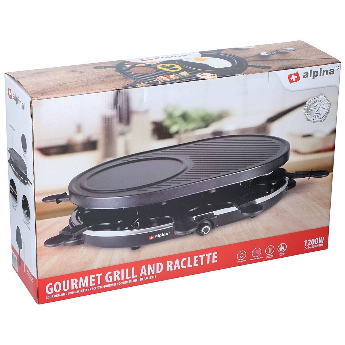 Alpina - Appareil à raclette 8 personnes 1200W Polyvalent Grill + Raclette Revêtement Anti-adhésif Poelons et spatules 230V ALPINA - Imagen 7