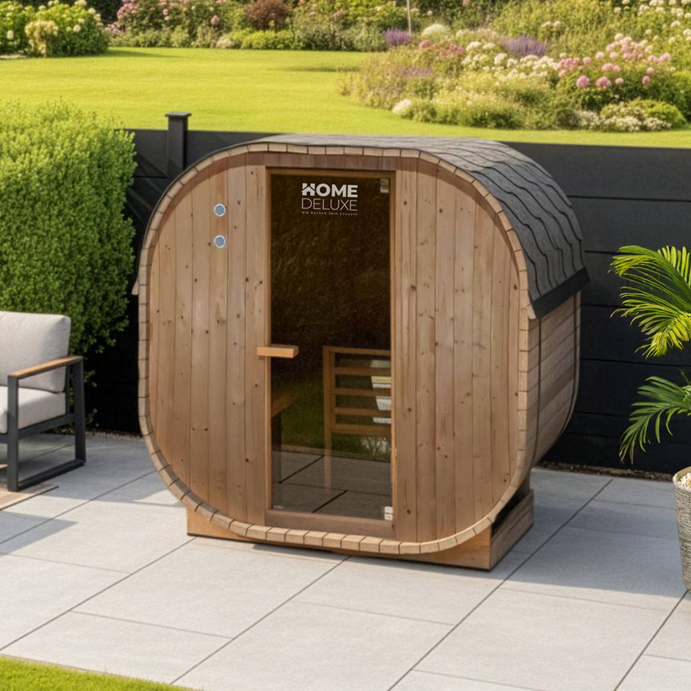 Home Deluxe - HOME DELUXE - Sauna d'extérieur CUBE M - Dimensions : env. 194 cm x 195 cm x 120 cm, bois : épicéa - avec poêle et accessoires pour sauna I Sauna de