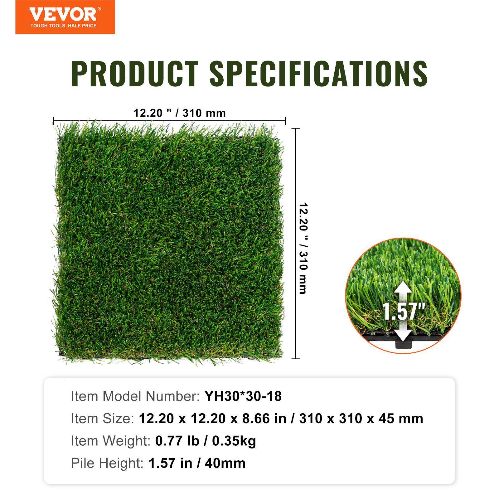 VEVOR Gazon artificiel, lot 18 dalles 31x31 cm, brins 40 mm. Auto-drainant, pour jardin, cours récréation. - Image 7