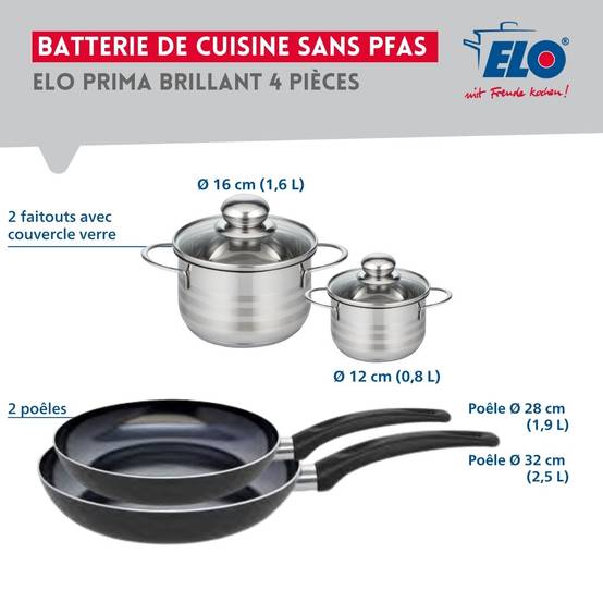Ensemble de 2 Poêles de cuisson 28 et 32 cm et 2 faitouts 12 et 16 cm Elo Prima Brillant - Image 2