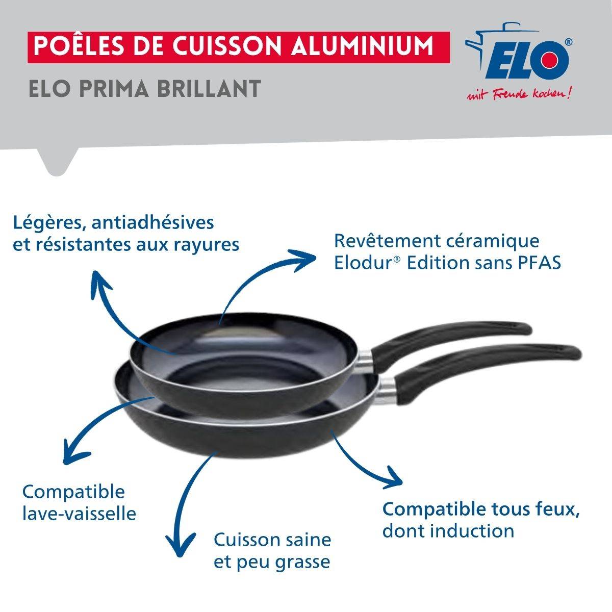Ensemble de 2 Poêles de cuisson 28 et 32 cm et 2 faitouts 12 et 16 cm Elo Prima Brillant - Image 4