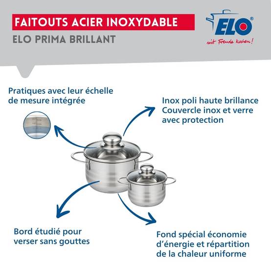 Ensemble de 2 Poêles de cuisson 28 et 32 cm et 2 faitouts 12 et 16 cm Elo Prima Brillant - Image 3