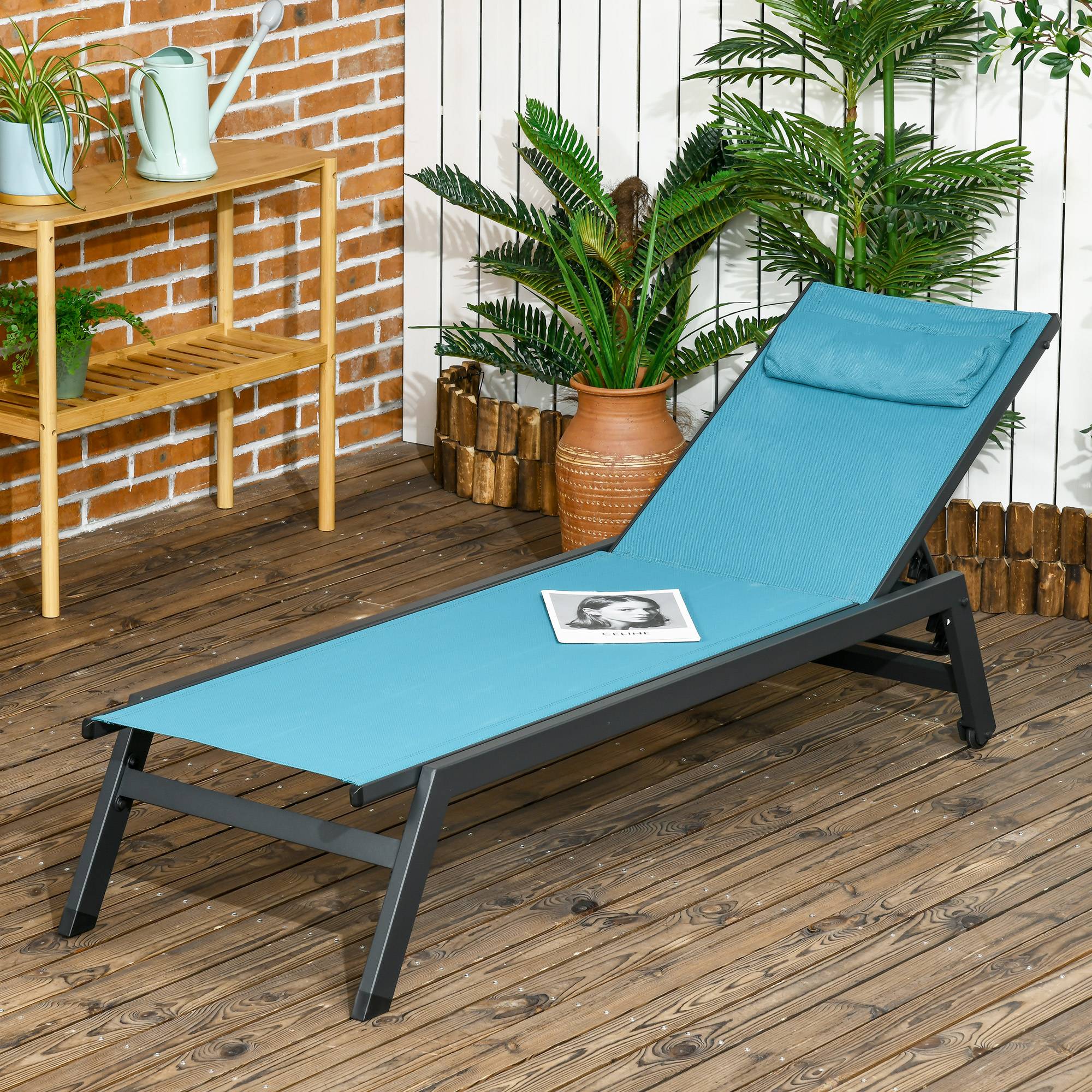 Outsunny - Bain de soleil transat inclinable 5 positions - tétière, 2 roulettes - alu. textilène bleu - Outsunny - Imagen 2
