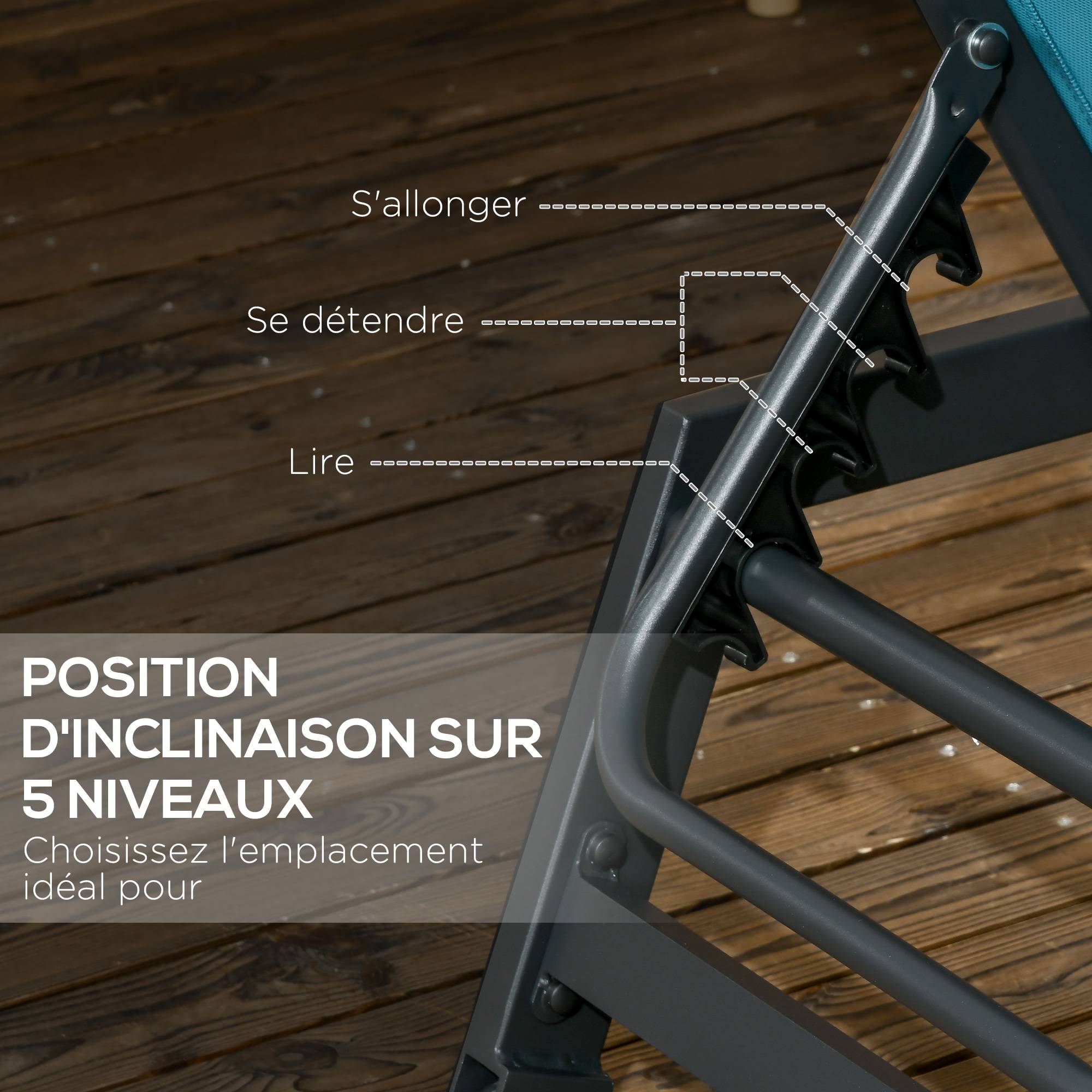 Outsunny - Bain de soleil transat inclinable 5 positions - tétière, 2 roulettes - alu. textilène bleu - Outsunny - Imagen 4