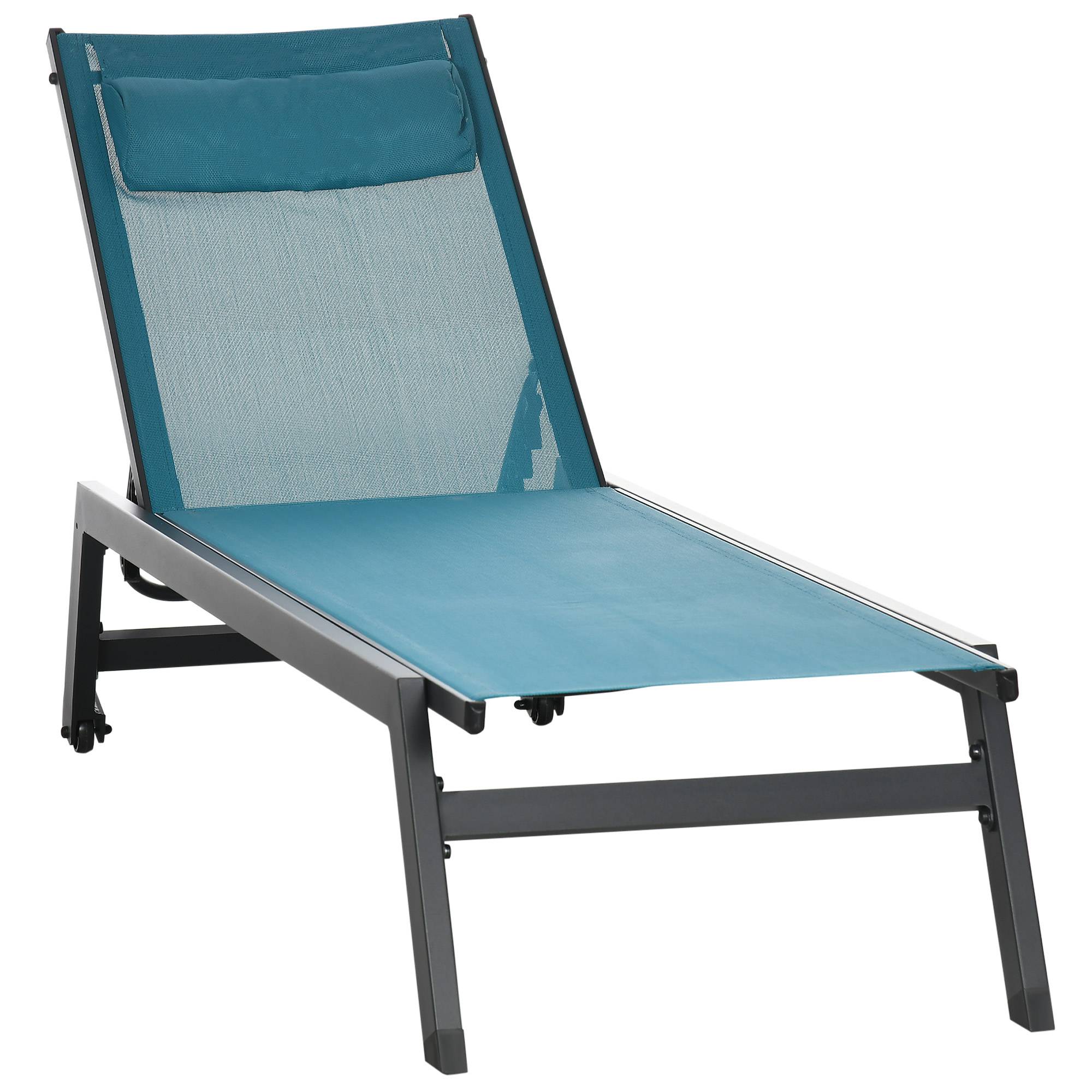 Outsunny - Bain de soleil transat inclinable 5 positions - tétière, 2 roulettes - alu. textilène bleu - Outsunny - Imagen 1