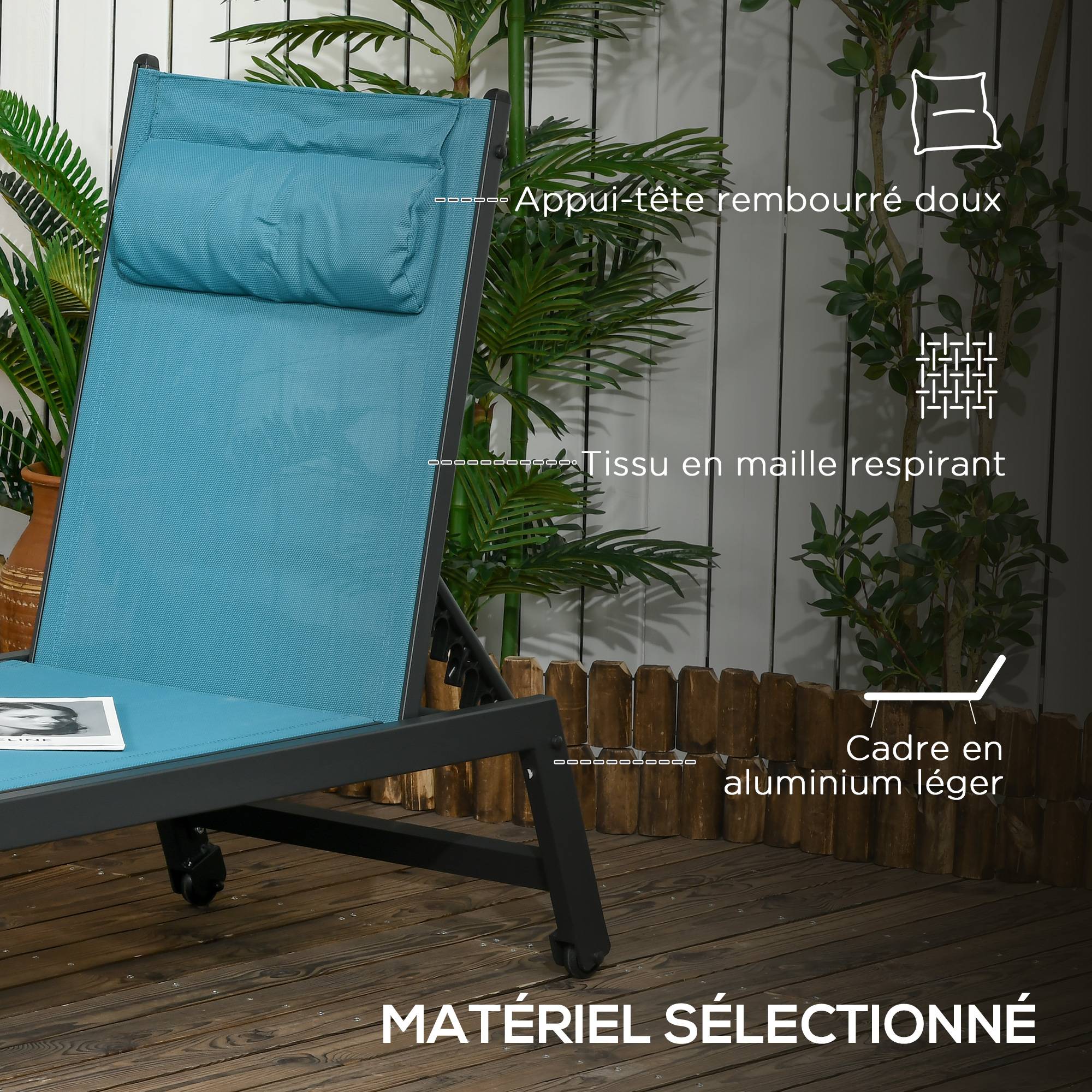 Outsunny - Bain de soleil transat inclinable 5 positions - tétière, 2 roulettes - alu. textilène bleu - Outsunny - Imagen 5